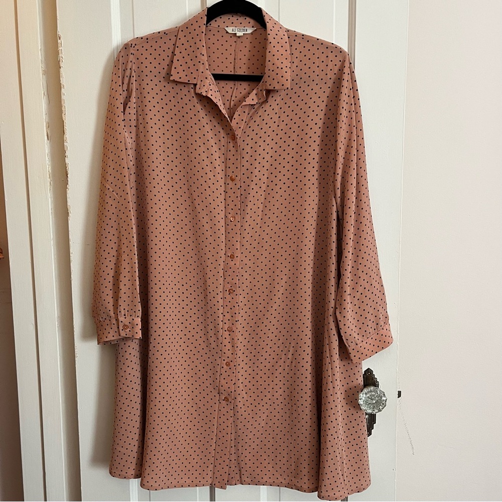 Ali Golden Polka Dot Long Sleeve Silk Shirt Dress S/M